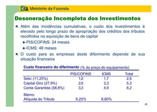 31
Ministério da Fazenda
31
Desoneração Incompleta dos Investimentos
ë Além das incidências cumulativas, o custo dos investimentos é
elevado pelo longo prazo de apropriação dos créditos dos tributos
recolhidos na aquisição de bens de capital
ç PIS/COFINS: 24 meses
ç ICMS: 48 meses
ë O custo para as empresas deste diferimento depende de sua
situação financeira
Custo financeiro do diferimento (% do preço do equipamento)
PIS/COFINS ICMS Total
Selic (11,25%) 1,0 1,7 2,6
Capital Giro (27,9%) 2,0 3,3 5,3
Conta Garantida (58,8%) 3,3 4,9 8,2
Memo:
Alíquota do Tributo 9,25% 8,80%
 