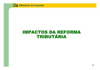 51
Ministério da Fazenda
51
IMPACTOS DA REFORMA
TRIBUTÁRIA
 