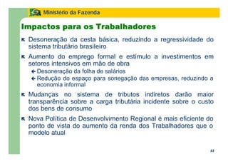 53
Ministério da Fazenda
53
ë Desoneração da cesta básica, reduzindo a regressividade do
sistema tributário brasileiro
ë Aumento do emprego formal e estímulo a investimentos em
setores intensivos em mão de obra
ç Desoneração da folha de salários
ç Redução do espaço para sonegação das empresas, reduzindo a
economia informal
ë Mudanças no sistema de tributos indiretos darão maior
transparência sobre a carga tributária incidente sobre o custo
dos bens de consumo
ë Nova Política de Desenvolvimento Regional é mais eficiente do
ponto de vista do aumento da renda dos Trabalhadores que o
modelo atual
Impactos para os Trabalhadores
 