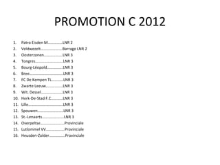 PROMOTION C 2012 Patro Eisden M……………LNR 2 Veldwezelt………………….Barrage LNR 2 Oosterzonen……………….LNR 3  Tongres……………………….LNR 3  Bourg-Léopold…………….LNR 3  Bree…………………………….LNR 3  FC De Kempen TL…………LNR 3  Zwarte Leeuw……………..LNR 3  Wit. Dessel………………….LNR 3  Herk-De-Stad F.C…………LNR 3  Lille……………………………..LNR 3  Spouwen……………………..LNR 3  St.-Lenaarts………………….LNR 3  Overpeltse…………………...Provinciale  Lutlommel VV……………….Provinciale Heusden-Zolder…………….Provinciale 