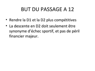 BUT DU PASSAGE A 12 Rendre la D1 et la D2 plus compétitives La descente en D2 doit seulement être synonyme d’échec sportif, et pas de péril financier majeur.  