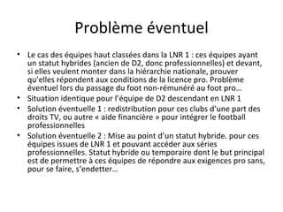 Problème éventuel Le cas des équipes haut classées dans la LNR 1 : ces équipes ayant un statut hybrides (ancien de D2, donc professionnelles) et devant, si elles veulent monter dans la hiérarchie nationale, prouver qu’elles répondent aux conditions de la licence pro. Problème éventuel lors du passage du foot non-rémunéré au foot pro… Situation identique pour l’équipe de D2 descendant en LNR 1 Solution éventuelle 1 : redistribution pour ces clubs d’une part des droits TV, ou autre « aide financière » pour intégrer le football professionnelles Solution éventuelle 2 : Mise au point d’un statut hybride. pour ces équipes issues de LNR 1 et pouvant accéder aux séries professionnelles. Statut hybride ou temporaire dont le but principal est de permettre à ces équipes de répondre aux exigences pro sans, pour se faire, s’endetter… 
