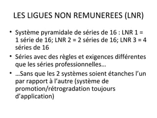 LES LIGUES NON REMUNEREES (LNR) Système pyramidale de séries de 16 : LNR 1 = 1 série de 16; LNR 2 = 2 séries de 16; LNR 3 = 4 séries de 16 Séries avec des règles et exigences différentes que les séries professionnelles… … Sans que les 2 systèmes soient étanches l’un par rapport à l’autre (système de promotion/rétrogradation toujours d’application) 