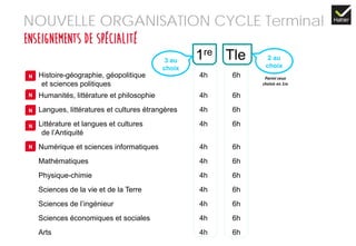 NOUVELLE ORGANISATION CYCLE Terminal
enseignements de spécialité
Histoire-géographie, géopolitique 4h 6h
et sciences politiques
Humanités, littérature et philosophie 4h 6h
Langues, littératures et cultures étrangères 4h 6h
Littérature et langues et cultures 4h 6h
de l’Antiquité
Numérique et sciences informatiques 4h 6h
Mathématiques 4h 6h
Physique-chimie 4h 6h
Sciences de la vie et de la Terre 4h 6h
Sciences de l’ingénieur 4h 6h
Sciences économiques et sociales 4h 6h
Arts 4h 6h
1re Tle 2 au
choix
3 au
choix
Parmi ceux
choisis en 1re
N
N
N
N
N
 