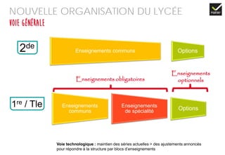 NOUVELLE ORGANISATION DU LYCÉE
Voie générale
Voie technologique : maintien des séries actuelles > des ajustements annoncés
pour répondre à la structure par blocs d’enseignements
Enseignements
communs
Enseignements
de spécialité Options
Enseignements obligatoires
Enseignements
optionnels
Enseignements communs Options2de
1re / Tle
 