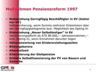 Maßnahmen Pensionsreform 1997
• Einbeziehung Geringfügig Beschäftigter in SV (bisher
nur UV)
Vollversicherung, wenn Summe mehrerer Einkommen über
der Geringfügigkeitsgrenze bzw. Möglichkeit des Opting-In
• Einbeziehung „Neuer Selbständiger“ in SV
Versicherungspflicht ab ATS 88.000,-- Jahreseinnahmen,--
bzw. Opting-In, wenn Einnahmen darunter liegen
• Höherbewertung von Kindererziehungszeiten
• Bildungskarenz
• Altersteilzeit
• Erleichterung der Gleitpension
• Erhöhte Selbstfinanzierung der PV von Bauern und
Gewerbe
10
 