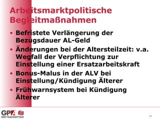 Arbeitsmarktpolitische
Begleitmaßnahmen
• Befristete Verlängerung der
Bezugsdauer AL-Geld
• Änderungen bei der Altersteilzeit: v.a.
Wegfall der Verpflichtung zur
Einstellung einer Ersatzarbeitskraft
• Bonus-Malus in der ALV bei
Einstellung/Kündigung Älterer
• Frühwarnsystem bei Kündigung
Älterer
14
 