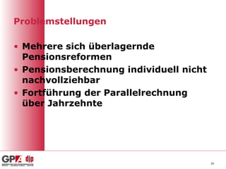 Problemstellungen
• Mehrere sich überlagernde
Pensionsreformen
• Pensionsberechnung individuell nicht
nachvollziehbar
• Fortführung der Parallelrechnung
über Jahrzehnte
26
 