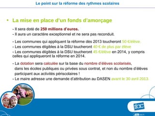 Le point sur la réforme des rythmes scolaires



• La mise en place d’un fonds d’amorçage
  - Il sera doté de 250 millions d’euros.
  - Il aura un caractère exceptionnel et ne sera pas reconduit.
  - Les communes qui appliquent la réforme dès 2013 toucheront 50 €/élève.
  - Les communes éligibles à la DSU toucheront 40 € de plus par élève
  - Les communes éligibles à la DSU toucheront 45 €/élève en 2014, y compris
  celles qui appliqueront la réforme en 2014.
  - La dotation sera calculée sur la base du nombre d’élèves scolarisés,
    dans les écoles publiques ou privées sous contrat, et non du nombre d’élèves
    participant aux activités périscolaires !
  - Le maire adresse une demande d’attribution au DASEN avant le 30 avril 2013.
 