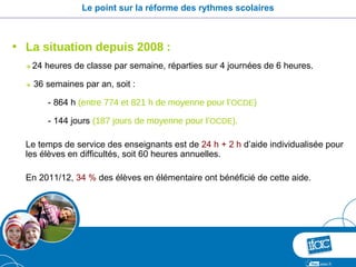 Le point sur la réforme des rythmes scolaires



• La situation depuis 2008 :
     24 heures de classe par semaine, réparties sur 4 journées de 6 heures.

     36 semaines par an, soit :

         - 864 h (entre 774 et 821 h de moyenne pour l’OCDE)

         - 144 jours (187 jours de moyenne pour l’OCDE).

  Le temps de service des enseignants est de 24 h + 2 h d’aide individualisée pour
  les élèves en difficultés, soit 60 heures annuelles.

  En 2011/12, 34 % des élèves en élémentaire ont bénéficié de cette aide.
 