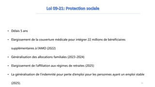 • Délais 5 ans
• Elargissement de la couverture médicale pour intégrer 22 millions de bénéficiaires
supplémentaires à l’AMO (2022)
• Généralisation des allocations familiales (2023-2024)
• Elargissement de l’affiliation aux régimes de retraites (2025)
• La généralisation de l’indemnité pour perte d’emploi pour les personnes ayant un emploi stable
(2025). 11
 