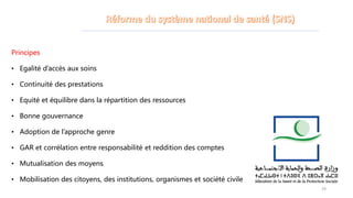 Principes
• Egalité d’accès aux soins
• Continuité des prestations
• Equité et équilibre dans la répartition des ressources
• Bonne gouvernance
• Adoption de l’approche genre
• GAR et corrélation entre responsabilité et reddition des comptes
• Mutualisation des moyens
• Mobilisation des citoyens, des institutions, organismes et société civile
29
 