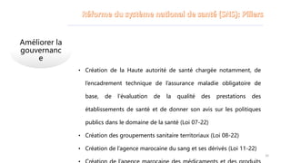 Améliorer la
gouvernanc
e
• Création de la Haute autorité de santé chargée notamment, de
l’encadrement technique de l’assurance maladie obligatoire de
base, de l’évaluation de la qualité des prestations des
établissements de santé et de donner son avis sur les politiques
publics dans le domaine de la santé (Loi 07-22)
• Création des groupements sanitaire territoriaux (Loi 08-22)
• Création de l’agence marocaine du sang et ses dérivés (Loi 11-22)
32
 