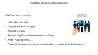Conditions de recrutement:
• Nationalité marocaine
• Disposer des droits civiques
• Aptitude physique
• Situation régulière vis-à-vis du service militaire
• Autre : Age, diplômes…..
• Possibilité de recours aux agents contractuels avec possibilité de titularisation
51
 