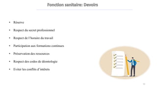 • Réserve
• Respect du secret professionnel
• Respect de l’horaire du travail
• Participation aux formations continues
• Préservation des ressources
• Respect des codes de déontologie
• Eviter les conflits d’intêrets
53
 
