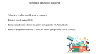 • Salaire fixe + salaire variable selon le rendement
• Prime de zone à accès difficile
• Prime d’encadrement (Accord pas encore appliqué entre MSP et syndicats)
• Prime de programmes sanitaire (Accord pas encore appliqué entre MSP et syndicats)
54
 