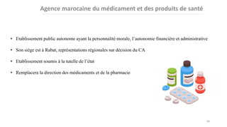 • Etablissement public autonome ayant la personnalité morale, l’autonomie financière et administrative
• Son siège est à Rabat, représentations régionales sur décision du CA
• Etablissement soumis à la tutelle de l’état
• Remplacera la direction des médicaments et de la pharmacie
60
 