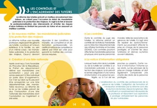 » Un nouveau métier : les mandataires judiciaires
à la protection des majeurs
» Les contrôles
» La notice d’information obligatoire» Création d’une liste nationale
Après avoir reçu l’avis favorable
du Procureur de la République,
le Préfet de département
délivre aux mandataires une
autorisation – pour une per-
sonne exerçant à titre individuel
on parle alors d’« agrément ».
Ce n’est qu’alors qu’ils peuvent
être enregistrés sur une liste
départementale des manda-
taires reconnus. La réforme de
la loi sur les tutelles prévoit de
plus l’instauration d’une liste
nationale des mandataires dont
l’autorisation ou l’agrément a
été retiré.
La réforme des tutelles prévoit un meilleur encadrement des
tuteurs, en créant pour l’occasion le statut de mandataire
judiciaire à la protection des majeurs. Il s’agit à la fois d’assurer
la professionnalisation des intervenants et d’éviter les risques
d’abus tutélaire en limitant les pouvoirs du tuteur et en assurant un
meilleur contrôle.
La réforme institue une nouvelle
profession, regroupant les gérants
de tutelle, curateurs et tuteurs
extérieurs à la famille, au sein
d’un même corps : les manda-
taires judiciaires à la protection
des majeurs. Ceux-ci devront
répondre à des conditions de
moralité, de compétence et de
formation professionnelle. Un
certificat national de compétence
délivré par l’Etat est créé pour
garantir la maîtrise des connais-
sances requises.
Outre le contrôle du juge des
tutelles, la réforme prévoit un
contrôledel’activitédumandataire
par la Direction Départementale
des Affaires Sanitaires et Sociales
(DDASS). Ces contrôles pourront
affecterlesmandatairespersonnes
physiques ainsi que les personnes
morales, telles les associations de
gérance de tutelle. Il s’agit ainsi
de repérer les dysfonctionne-
ments qui pourraient affecter la
prise en charge de la personne
protégée, et d’éviter les abus
tutélaires et dérives autrefois
souvent déplorés.
Lorsque l’exécution de la curatelle
ou de la tutelle est confiée à un
mandataire judiciaire à la pro-
tection des majeurs, la loi prévoit
la remise obligatoire d’une notice
d’information à la personne pro-
tégée, ou à l’un de ses
proches ou parents. Cette no-
tice d’information l’informe sur
ses droits, sur les principes de la
prise en charge tutélaire, et doit
également comprendre une
charte des droits de la personne
protégée.
L’amélioration du contrôle des professionnels de la
gérance de tutelle, l’obligation de formation et
l’évaluation entérinées par la réforme sont des
évolutions réclamées depuis longtemps. Elles
constituent un assainissement nécessaire de
la profession et répondent aux aspirations
à protéger véritablement les personnes
les plus vulnérables.
Les contrôles et
l’encadrement des tuteurs3
 