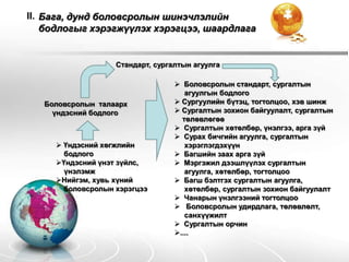 II. Бага, дунд боловсролын шинэчлэлийн
    бодлогыг хэрэгжүүлэх хэрэгцээ, шаардлага


                   Стандарт, сургалтын агуулга

                                   Боловсролын стандарт, сургалтын
                                     агуулгын бодлого
   Боловсролын талаарх             Сургуулийн бүтэц, тогтолцоо, хэв шинж
     үндэсний бодлого              Сургалтын зохион байгуулалт, сургалтын
                                    төлөвлөгөө
                                   Сургалтын хөтөлбөр, үнэлгээ, арга зүй
                                   Сурах бичгийн агуулга, сургалтын
      Үндэсний хөгжлийн             хэрэглэгдэхүүн
       бодлого                     Багшийн заах арга зүй
     Үндэсний үнэт зүйлс,         Мэргэжил дээшлүүлэх сургалтын
       үнэлэмж                       агуулга, хөтөлбөр, тогтолцоо
     Нийгэм, хувь хүний           Багш бэлтгэх сургалтын агуулга,
       боловсролын хэрэгцээ          хөтөлбөр, сургалтын зохион байгуулалт
                                   Чанарын үнэлгээний тогтолцоо
                                   Боловсролын удирдлага, төлөвлөлт,
                                     санхүүжилт
                                   Сургалтын орчин
                                  ....
 
