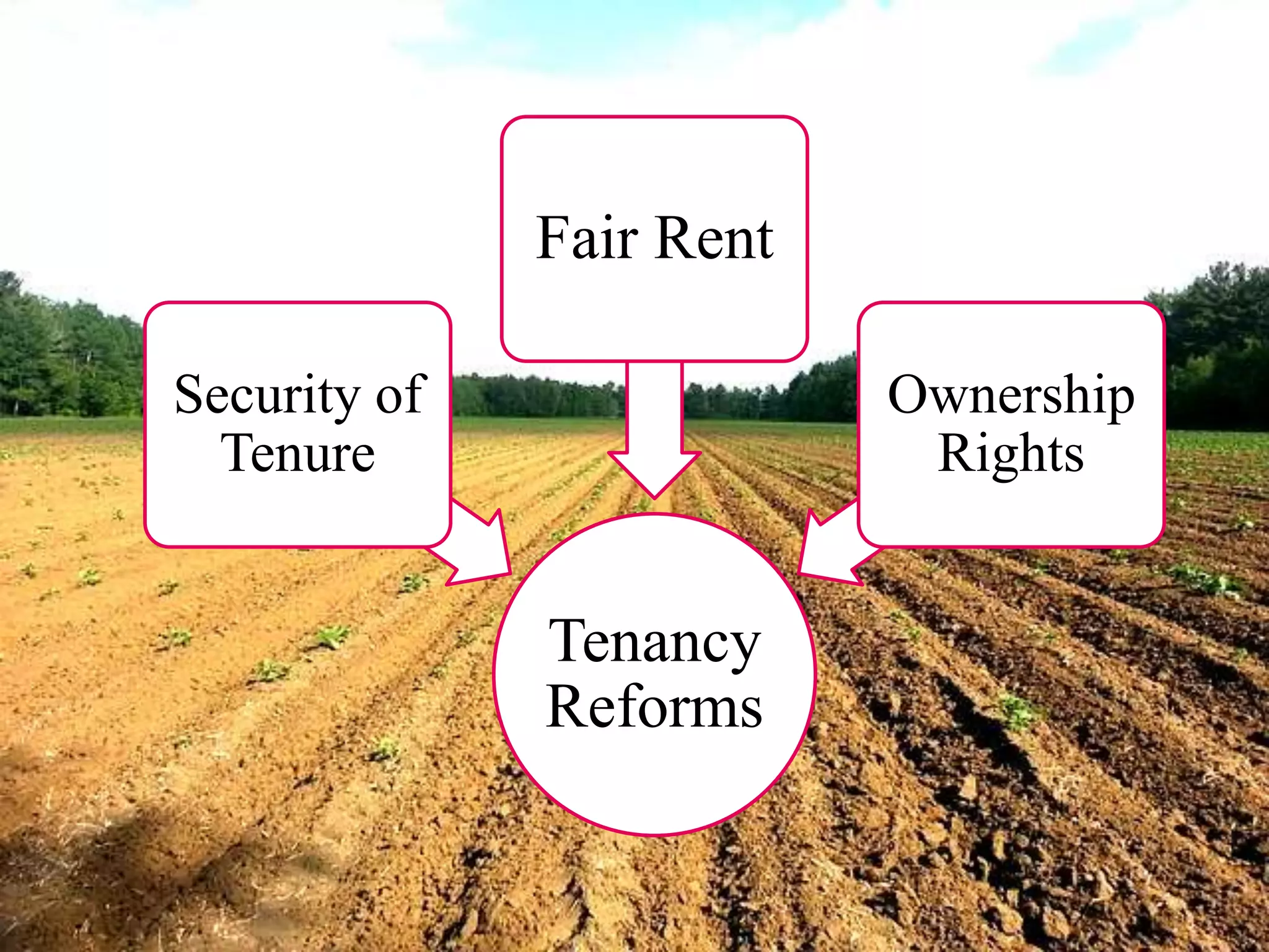 Tenancy
Reforms
Security of
Tenure
Fair Rent
Ownership
Rights
 