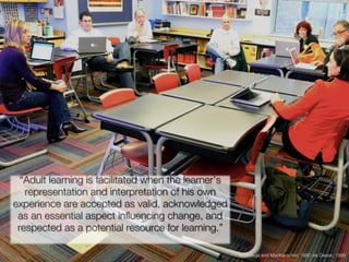 “Adult learning is facilitated when the learner’s
   representation and interpretation of his own
experience are accepted as valid, acknowledged
 as an essential aspect influencing change, and
 respected as a potential resource for learning.”

                                                      Brundage and MacKeracher, 1980 via Dewar, 1999
 