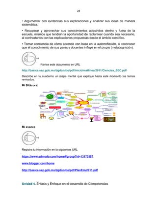 28
• Argumentar con evidencias sus explicaciones y analizar sus ideas de manera
sistemática.
• Recuperar y aprovechar sus conocimientos adquiridos dentro y fuera de la
escuela, mismos que tendrán la oportunidad de replantear cuando sea necesario,
al contrastarlos con las explicaciones propuestas desde el ámbito científico.
• Tomar conciencia de cómo aprende con base en la autorreflexión, al reconocer
que el conocimiento de sus pares y docentes influye en el propio (metacognición).
Revise este documento en URL
http://basica.sep.gob.mx/dgdc/sitio/pdf/inicio/matlinea/2011/Ciencias_SEC.pdf
Describe en tu cuaderno un mapa mental que explique hasta este momento los temas
revisados.
Mi Bitácora:
Mi avance
Registra tu información en la siguientes URL
https://www.edmodo.com/home#/group?id=13170387
www.blogger.com/home
http://basica.sep.gob.mx/dgdc/sitio/pdf/PlanEdu2011.pdf
Unidad 4. Énfasis y Enfoque en el desarrollo de Competencias
 