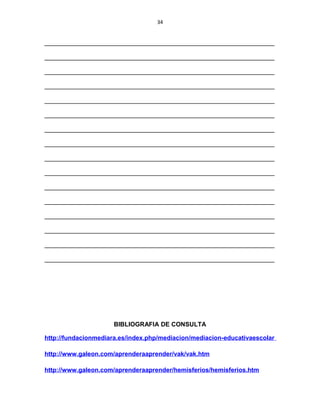 34
__________________________________________________________________
__________________________________________________________________
__________________________________________________________________
__________________________________________________________________
__________________________________________________________________
__________________________________________________________________
__________________________________________________________________
__________________________________________________________________
__________________________________________________________________
__________________________________________________________________
__________________________________________________________________
__________________________________________________________________
__________________________________________________________________
__________________________________________________________________
__________________________________________________________________
__________________________________________________________________
BIBLIOGRAFIA DE CONSULTA
http://fundacionmediara.es/index.php/mediacion/mediacion-educativaescolar
http://www.galeon.com/aprenderaaprender/vak/vak.htm
http://www.galeon.com/aprenderaaprender/hemisferios/hemisferios.htm
 