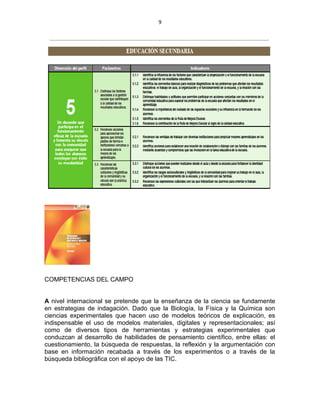 9
COMPETENCIAS DEL CAMPO
A nivel internacional se pretende que la enseñanza de la ciencia se fundamente
en estrategias de indagación. Dado que la Biología, la Física y la Química son
ciencias experimentales que hacen uso de modelos teóricos de explicación, es
indispensable el uso de modelos materiales, digitales y representacionales; así
como de diversos tipos de herramientas y estrategias experimentales que
conduzcan al desarrollo de habilidades de pensamiento científico, entre ellas: el
cuestionamiento, la búsqueda de respuestas, la reflexión y la argumentación con
base en información recabada a través de los experimentos o a través de la
búsqueda bibliográfica con el apoyo de las TIC.
 