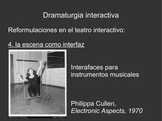 Dramaturgia interactiva
Reformulaciones en el teatro interactivo:
4. la escena como interfaz
Interafaces para
instrumentos musicales

Philippa Cullen,
Electronic Aspects, 1970

 