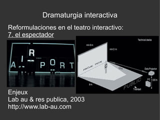 Dramaturgia interactiva
Reformulaciones en el teatro interactivo:
7. el espectador

Enjeux
Lab au & res publica, 2003
http://www.lab-au.com

 