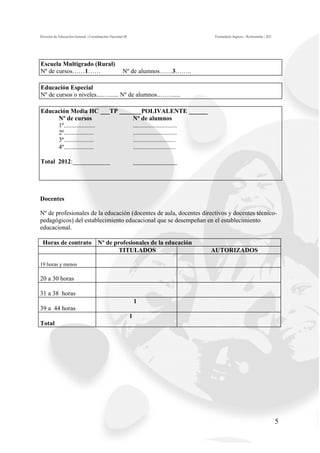 División de Educación General | Coordinación Nacional JE                        Formulario Ingreso / Reformular | JEC




Escuela Multigrado (Rural)
Nº de cursos……1……                                   Nº de alumnos……3……..

Educación Especial
Nº de cursos o niveles....…...... Nº de alumnos.……......

Educación Media HC ___TP _______POLIVALENTE ______
     Nº de cursos            Nº de alumnos
     1º....................  ............................
     2º...................   ............................
     3º...................   ...........................
     4º...................   ...........................

Total 2012:____________                                        ______________




Docentes

Nº de profesionales de la educación (docentes de aula, docentes directivos y docentes técnico-
pedagógicos) del establecimiento educacional que se desempeñan en el establecimiento
educacional.

 Horas de contrato Nº de profesionales de la educación
                           TITULADOS                                            AUTORIZADOS

19 horas y menos

20 a 30 horas

31 a 38 horas
                                                               1
39 a 44 horas
                                                           1
Total




                                                                                                                        5
 