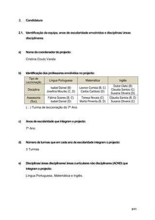 2.   Candidatura


2.1. Identificação da equipa, anos de escolaridade envolvidos e disciplinas/ áreas
     disciplinares



a)   Nome do coordenador do projecto:

     Cristina Couto Varela



b)   Identificação dos professores envolvidos no projecto:
       Tipo de
                       Língua Portuguesa            Matemática                 Inglês
     Leccionação
                                                                          Dulce Cleto (B)
                        Isabel Daniel (B)      Leonor Correia (B, C)
      Disciplina                                                        Claudia Santos (C)
                     Josefina Mourão (C, D)     Carlos Cardoso (D)
                                                                        Susana Oliveira (D)
      Assessoria      Fátima Soares (B, C)      Teresa Novais (C)      Cláudia Santos (B, D)
        (Suc)           Isabel Daniel (D)      Marta Pimenta (B, D)     Susana Oliveira (C)
     (…) Turma de leccionação do 7º Ano



c)   Anos de escolaridade que integram o projecto:

     7º Ano



d)   Número de turmas que em cada ano de escolaridade integram o projecto:

     3 Turmas



e)   Disciplinas/ áreas disciplinares/ áreas curriculares não disciplinares (ACND) que
     integram o projecto:

     Língua Portuguesa, Matemática e Inglês.




                                                                                         3/11
 