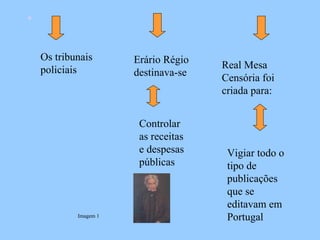   Os tribunais policiais Erário Régio destinava-se Controlar as receitas e despesas públicas Real Mesa Censória foi criada para: Vigiar todo o tipo de publicações que se editavam em Portugal Imagem 1 