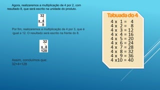 Por fim, realizaremos a multiplicação de 4 por 3, que é
igual a 12. O resultado será escrito na frente do 8.
Agora, realizaremos a multiplicação de 4 por 2, com
resultado 8, que será escrito na unidade do produto.
Assim, concluímos que:
32×4=128
 