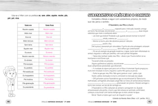 40 41
Oficina de REFORÇO ESCOLAR – 5O
ANO Oficina de REFORÇO ESCOLAR – 5O
ANO
Usa-se o hífen com os prefixos ex, sem, além, aquém, recém, pós,
pré, pró, vice.
Como era Como ficou
Recém-casado
Além-mar
Vice-rei
Além-túmulo
Sem-terra
Aquém-mar
Ex-aluno
Recém-nascido
Ex-diretor
Pró-europeu
Ex-prefeito
Pré-vestibular
Ex-hospedeiro
Pré-história
Pós-graduação
Ex-presidente
SUBSTANTIVOS PRÓPRIOS E COMUNS
Complete a fábula a seguir com substantivos próprios, de modo
que não perca o sentido:
O fazendeiro, seu filho e o burro
____________ e ____________ viajavam para o mercado, levando consigo
um burro. Na estrada, encontraram ____________ e ____________, duas moças
salientes que riram e zombaram deles:
– Já viram que bobos? Andando a pé, quando deviam montar no burro?
____________, então, ordenou ao ____________:
– Monte no burro, pois não devemos parecer ridículos.
____________ assim o fez.
Dali a pouco, passaram por uma aldeia. À porta de uma estalagem, estavam
_______________ e ________________, dois velhos que comentaram:
– Ali vai um exemplo da geração moderna: o rapaz, muito bem refestelado no
animal, enquanto o velho pai caminha, com suas pernas fatigadas.
– Talvez eles tenham razão, meu filho – disse o pai. Ficaria melhor se eu
montasse e você fosse a pé.
Trocaram então as posições.
Alguns quilômetros adiante, encontraram ______________ e _____________,
duas camponesas passeando, que disseram:
– A crueldade de alguns pais para com os filhos é tremenda! Aquele preguiçoso,
muito bem instalado no burro, enquanto o pobre filho gasta as pernas.
– Suba na garupa, meu filho. Não quero parecer cruel – pediu o pai.
Assim, ambos montados no burro, entraram no mercado da cidade.
– Oh!! gritaram outros fazendeiros que se encontravam lá. Pobre burro,
maltratado, carregando uma dupla carga! Não se trata um animal dessa maneira.
________________ e _______________ precisavam ser presos. Deviam carregar o
burro nas costas, em vez de ele carregá-los.
O fazendeiro e o filho saltaram do animal e carregaram-no. Quando
atravessavam uma ponte, o burro, que não estava se sentindo confortável,
começou a escoicear com tanta energia que os dois caíram na água.
Moral: “Quem a todos quer ouvir de ninguém é ouvido.”
Extraído da Revista Novo Olhar, n.37, jan/fev. 2011.
Recém-casado
Além-mar
Vice-rei
Além-túmulo
Sem-terra
Aquém-mar
Ex-aluno
Récem-nascido
Ex-diretor
Pró-europeu
Ex-prefeito
Pré-vestibular
Ex-hospedeiro
Pré-história
Pós-graduação
Ex-presidente
 