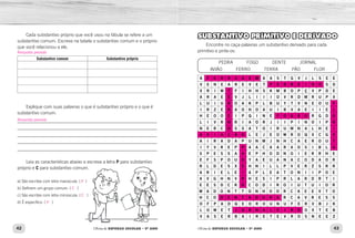 42 43
Oficina de REFORÇO ESCOLAR – 5O
ANO Oficina de REFORÇO ESCOLAR – 5O
ANO
Cada substantivo próprio que você usou na fábula se refere a um
substantivo comum. Escreva na tabela o substantivo comum e o próprio
que você relacionou a ele.
Substantivo comum Substantivo próprio
Explique com suas palavras o que é substantivo próprio e o que é
substantivo comum.
_____________________________________________________________	
_____________________________________________________________	
_____________________________________________________________	
_____________________________________________________________
_____________________________________________________________
Leia as características abaixo e escreva a letra P para substantivo
próprio e C para substantivo comum.
a) São escritas com letra maiúscula. (  )
b) Definem um grupo comum. (   )
c) São escritas com letra minúscula. (   )
d) É específico. (   )
SUBSTANTIVO PRIMITIVO E DERIVADO
Encontre no caça-palavras um substantivo derivado para cada
primitivo e pinte-os:
PEDRA   FOGO   DENTE   JORNAL
AVIÃO   FERRO   TERRA   PÃO   FLOR
A F E R R U G E M A A S T G V J L S E E
V E N E A R E V E T P E D R E I R O S D
X R I W T F I H H S K M B O P Ç V P D E
A R A E E V J L I I I O V R D M R U P X
L U I U R O A K P L B U Y T V N E O U F
I R Z E R A O H O A U I B V A E I I E L
H E O O E I P Q I N E F O G Ã O R G D O
L I V R N R I A O R J I I P I N O I P R
N E R C O S S A T O I R U M N A L H E I
A V I A Ç Ã O L E J E O W R O Q X C G S
A I R A D A P U N M J N H C A E R O U T
I Y V R E P P A A C A A R A O S I B L A
S P E S S A A E P H O D N O I E R R H E
E F S P O U D Y A E U A N A C O D A O R
R L D E S X E H N I L L P V E R Z S R R
A R I E L E I A P L E A T O N I I P O E
A V G H N V R H E S I P R L A R D R T I
E E S D C R O C O D I R O I U T U I O R
M A D O N T T O N H O O R C A E E V T O
H C O D E N T A D U R A R C A V R E S S
O F P A D Q E O R O U N U F E R V B J K
L O W E T J O R N A L E I R O O X T E B
V A S E R B A I R E T E V R O S N E E Z
Resposta pessoal.
Resposta pessoal.
P
P
C
C
 