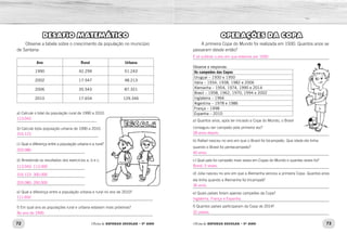 72 73
Oficina de REFORÇO ESCOLAR – 5O
ANO Oficina de REFORÇO ESCOLAR – 5O
ANO
DESAFIO MATEMÁTICO
Observe a tabela sobre o crescimento da população no município
de Santana:
Ano Rural Urbana
1990 42.299 51.243
2002 17.547 48.213
2006 35.543 87.321
2010 17.654 129.346
a) Calcule o total da população rural de 1990 a 2010.
_________________________________________
b) Calcule toda população urbana de 1990 a 2010.
__________________________________________
c) Qual a diferença entre a população urbana e a rural?
___________________________________
d) Arredonde os resultados dos exercícios a, b e c.
___________________________________
___________________________________
___________________________________
e) Qual a diferença entre a população urbana e rural no ano de 2010?
______________________________________________________________________
f) Em qual ano as populações rural e urbana estavam mais próximas?
______________________________________________________________________
OPERAÇÕES DA COPA
A primeira Copa do Mundo foi realizada em 1930. Quantos anos se
passaram desde então?
______________________________________________________________________
Observe e responda:
Os campeões das Copas
Uruguai – 1930 e 1950
Itália – 1934, 1938, 1982 e 2006
Alemanha – 1954, 1974, 1990 e 2014
Brasil – 1958, 1962, 1970, 1994 e 2002
Inglaterra – 1966
Argentina – 1978 e 1986
França – 1998
Espanha – 2010
a) Quantos anos, após ter iniciado a Copa do Mundo, o Brasil
conseguiu ser campeão pela primeira vez?
______________________________________________________________________
b) Rafael nasceu no ano em que o Brasil foi bicampeão. Que idade ele tinha
quando o Brasil foi pentacampeão?
______________________________________________________________________
c) Qual país foi campeão mais vezes em Copas do Mundo e quantas vezes foi?
______________________________________________________________________
d) Júlia nasceu no ano em que a Alemanha venceu a primeira Copa. Quantos anos
ela tinha quando a Alemanha foi tricampeã?
______________________________________________________________________
e) Quais países foram apenas campeões da Copa?
______________________________________________________________________
f) Quantos países participaram da Copa de 2014?
______________________________________________________________________
113.043
316.123
203.080
113.043- 113.000
316.123- 300.000
203.080- 200.000
111.692
No ano de 1990.
É só subtrair o ano em que estamos por 1930.
28 anos depois.
40 anos.
Brasil, 5 vezes.
36 anos.
Inglaterra, França e Espanha.
32 países.
 