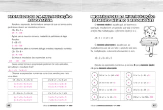 86 87
Oficina de REFORÇO ESCOLAR – 5O
ANO Oficina de REFORÇO ESCOLAR – 5O
ANO
PROPRIEDADES DA MULTIPLICAÇÃO:
ASSOCIATIVA
Resolva a expressão, lembrando-se sempre de que os termos entre
parênteses devem ser resolvidos primeiro:
(3 x 8) x 7 =
Agora, use os mesmos números, mudando os parênteses de lugar.
Resolva:
3 x (8 x 7)
Para terminar, altere os números de lugar e resolva a expressão numérica:
(3 x 7) x 8 =
Escreva os resultados das expressões acima:
_____________________________________________________________
Quais outras formas à propriedade poderiam ter sido aplicadas,
sem alterar o resultado final?
_____________________________________________________________
Observe as expressões numéricas e crie duas versões para cada
uma delas:
(9 x 3) x 5 = 9 x (3 x 5) (2 x 8) x 4 = 2 x (8 x 4)
(7 x 3) x 6 = 7 x (3 x 6) (2 x 7) x 5 = 2 x (7 x 5)
PROPRIEDADES DA MULTIPLICAÇÃO:
ELEMENTO NEUTRO E ABSORVENTE
O elemento neutro é aquele que, ao fazermos a
operação, resultará em um produto que seja o número
anterior. Na multiplicação, o elemento neutro é o 1.
23 x 1 = 1 x 23 = 23
O elemento absorvente é aquele que, ao
multiplicarmos por ele um fator, o produto será zero.
Na multiplicação, o elemento absorvente é o zero.
10 x 0 = 0 x 10 = 0
Resolva as expressões numéricas e escreva N para elemento neutro
e A para elemento absorvente:
145 x 1 = 1 x 145 = 51 x 1 = 1 x 51 =
15 x 0 = 0 x 15 = 17 x 1 = 1 x 17 =
59 x 1 = 1 x 59 = 34 x 0 = 0 x 34 =
16 x 1 = 1 x 16 = 234 x 1 = 1 x 234 =
5 x (9 x 3) = 9 x (5 x 3)
9 x (3 x 5) = 3 x (9 x 5)
4 x (2 x 8) = 2 x (4 x 8)
8 x (2 x 4) = 4 x (8 x 2)
6 x (7 x 3) = 7 x (6 x 3)
3 x (6 x 7) = 6 x (3 x 7)
5 x (2 x 7) = 2 x (5 x 7)
7 x (2 x 5) = 5 x (7 x 2)
8 x (3 x 7) 7 x (8 x 3)
168  168  168
21 x 8 = 168
3 x 56 = 168
24 x 7 = 168
N 145 N 51
A 0 N 17
N 59 A 0
N 16 N 234
 