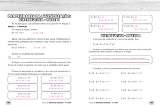 88 89
Oficina de REFORÇO ESCOLAR – 5O
ANO Oficina de REFORÇO ESCOLAR – 5O
ANO
4 x (5 + 7) = 8 x (3 + 7) =
 
9 x (5 + 4) = 6 x (9 + 4) =
 
4 x (5 + 2) = 7 x (4 + 6) =
 
PROPRIEDADES DA MULTIPLICAÇÃO:
DISTRIBUTIVA - PARTE I
Na multiplicação, a propriedade distributiva pode ser em relação à
adição ou à subtração.
Em relação à adição, resolva:
8 x (15 + 6) =
Agora, note que usaremos o número 8 que estava multiplicando os
valores entre parênteses para multiplicar cada número usado. Resolva a
expressão:
8 x 15 + 8 x 6 =
Escreva os resultados das expressões.
_____________________________________________________________
A adição na propriedade distributiva da multiplicação apresenta duas
formas de resolver a operação, de modo que os resultados sejam iguais.
Observe as expressões e complete-as, de modo que representem a
forma da propriedade distributiva da multiplicação.
5 x (8 + 3) =
8 x (6 + 3) =
4 x (5 + 6) =
7 x (3 + 4) =
DISTRIBUTIVA - PARTE II
O princípio da subtração é o mesmo da adição. Veja:
7 x (4 - 2) = 7 x 4 - 7 x 2
Escreva as semelhanças e as diferenças que você notou entre esta
propriedade, relacionada à subtração e à adição.
__________________________________________________________
__________________________________________________________
Complete a parte da propriedade distributiva que falta:
5 x (7 - 3) = 5 x 7
4 x (5 - 3) = 4 x 5
7 x (4 - 2) = 7 x 4
6 x (7 - 4) = 6 x 7
9 x (7 - 3) = 9 x 7
4 x (9 - 4) = 4 x 9
3 x (8 - 6) = 3 x 8
9 x (7 - 2) = 9 x 7
168 	 168
120 + 48 = 168
8 x 21 = 168
        48
4 x 5 + 4 x 7 = 48
       80
8 x 3 + 8 x 7 = 80
       81
9 x 5 + 9 x 4 = 81
       78
6 x 9 + 6 x 4 = 78
       28
4 x 5 + 4 x 2 = 28
       70
7 x 4 + 7 x 6 = 70
       55
      5 x 8 + 5 x 3 = 55
       72
      8 x 6 + 8 x 3 = 72
A aplicação é a mesma, o sinal é que muda, logo, a resposta é  diferente.
       44
      4 x 5 + 4 x 6 = 44
      49
      7 x 3 + 7 x 4 = 49
    - 5 x 3
    - 4 x 3
    - 7 x 2
     - 6 x 4
    - 9 x 3
     - 4 x 4
    - 3 x 6
    - 9 x 2
 