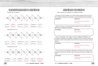 108 109
Oficina de REFORÇO ESCOLAR – 5O
ANO Oficina de REFORÇO ESCOLAR – 5O
ANO
TRANSFORMANDO MEDIDAS
Transforme em metros:
x 10 x 10 x 10 x 10 x 10 x 10
km hm dam m dm cm mm
÷10 ÷10 ÷10 ÷10 ÷10 ÷10
a) 4 km = ___________ b) 6,2 km = ___________ c) 148 cm = ___________
d) 5 mm = ___________ e) 31 cm = ___________ f) 0,09 km = ___________
Transforme em cm:
x 10 x 10 x 10 x 10 x 10 x 10
km hm dam m dm cm mm
÷10 ÷10 ÷10 ÷10 ÷10 ÷10
a) 3,7 m = ___________ b) 320 mm = __________ c) 65 mm = ___________
d) 0,5 m = ___________ e) 3 mm = ___________ f) 0,72 m = ___________
Transforme em km:
x 10 x 10 x 10 x 10 x 10 x 10
km hm dam m dm cm mm
÷10 ÷10 ÷10 ÷10 ÷10 ÷10
a) 4.600 m = __________ b) 800 m = ___________ c) 54 cm = _____________
d) 2.000 m = __________ e) 70 m = ___________ f) 180 dm = ____________
MEDIDAS DE TEMPO
Leia e resolva com atenção os problemas abaixo:
A turma do 5º ano foi assistir a um filme que tem duração de 60 minutos. O
filme começou às 8 horas e 30 minutos. A que horas esse filme vai terminar?
Faltam 6 semanas e 4 dias para Samyra completar 9 anos. Quantos dias
faltam para o aniversário de Samyra?
Para uma temporada curta, chegou à cidade O PARQUE DA PRAÇA, com
brinquedos, monitores e brincadeiras. O parque abrirá suas portas ao público às
8 horas da manhã e ficará aberto durante 9 horas e meia. A que horas o parque
fechará?
O circo anuncia que o espetáculo começará às 18 horas e 40 minutos e terá
duração de 3 horas e 50 minutos. Então, a que horas terminará o espetáculo do
circo?
OPERAÇÃO RESPOSTA
OPERAÇÃO RESPOSTA
OPERAÇÃO RESPOSTA
OPERAÇÃO RESPOSTA
4.000 m
0,005 m
6.200 m
0,31 m
1,48 m
90 m
370 cm
50 cm
32 cm
0,3 cm
6,5 cm
72 cm
4,6 km
2 km
0,8 km
0,07 km
0,00054 km
0,018 km
O filme vai terminar às 9 horas e
30 minutos.
Faltam 46 dias.
O parque fechará às 17 horas e
30 minutos.
O espetáculo terminará às 22 horas
e 40 minutos.
 
