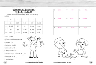 110 111
Oficina de REFORÇO ESCOLAR – 5O
ANO Oficina de REFORÇO ESCOLAR – 5O
ANO
TRABALHANDO COM
COORDENADAS
Observe as coordenadas da tabela. Depois, faça os cálculos
pedidos:
1 2 3 4 5
A 19 1.870 9.123 317 48.849
B 34.563 97 34 98.123 1.346
C 68 69 2.540 47.906 19.789
D 4.001 17.526 32.098 17.987 5.567
a) Some A2 e B5.
b) Calcule a diferença entre A5 e C4.
c) Divida D2 e C2.
d) Multiplique A2 e B3.
e) Subtraia D3 por D5.
f) Multiplique A3 por C1.
g) Qual é a soma dos produtos B1, B4 e C4?
h) Subtraia B1 por D4.
i) Divida A5 por A1.
a) b) c)
d) e) f)
g) h) i)
3.216 943 254
63.580 26.531 620.364
180.592 16.576 2.571
 
