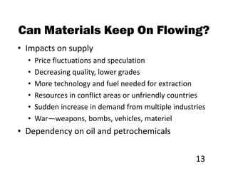 Can Materials Keep On Flowing?
• Impacts on supply
  •   Price fluctuations and speculation
  •   Decreasing quality, lower grades
  •   More technology and fuel needed for extraction
  •   Resources in conflict areas or unfriendly countries
  •   Sudden increase in demand from multiple industries
  •   War—weapons, bombs, vehicles, materiel
• Dependency on oil and petrochemicals


                                                      13
 