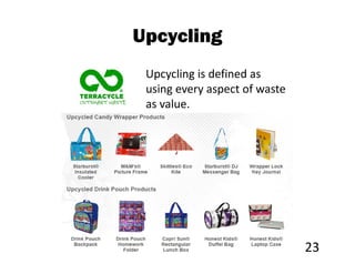 Upcycling
 Upcycling is defined as
 using every aspect of waste
 as value.




                               23
 
