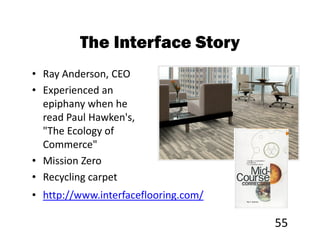 The Interface Story
• Ray Anderson, CEO
• Experienced an
  epiphany when he
  read Paul Hawken's,
  "The Ecology of
  Commerce"
• Mission Zero
• Recycling carpet
• http://www.interfaceflooring.com/

                                      55
 