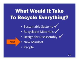 What Would It Take
To Recycle Everything?
       •   Sustainable Systems
       •   Recyclable Materials
       •   Design for Disassembly
Next   •   New Mindset
       •   People

                                    75
 