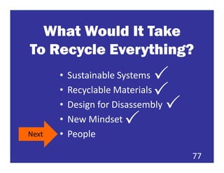 What Would It Take
To Recycle Everything?
       •   Sustainable Systems
       •   Recyclable Materials
       •   Design for Disassembly
       •   New Mindset
Next   •   People

                                    77
 