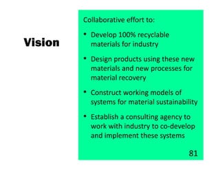 Collaborative effort to:
         • Develop 100% recyclable
Vision     materials for industry
         • Design products using these new
           materials and new processes for
           material recovery
         • Construct working models of
           systems for material sustainability
         • Establish a consulting agency to
           work with industry to co-develop
           and implement these systems

                                           81
 