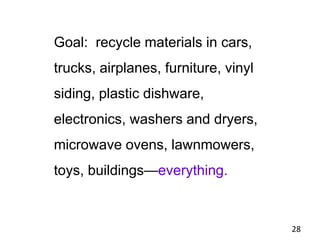 28
Goal: recycle materials in cars,
trucks, airplanes, furniture, vinyl
siding, plastic dishware,
electronics, washers and dryers,
microwave ovens, lawnmowers,
toys, buildings—everything.
 