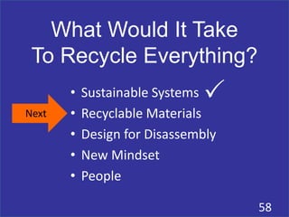 What Would It Take
To Recycle Everything?
58
• Sustainable Systems
• Recyclable Materials
• Design for Disassembly
• New Mindset
• People
Next
P
 