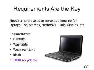 Requirements Are the Key
Requirements:
• Durable
• Washable
• Wear-resistant
• Black
• 100% recyclable
66
Need: a hard plastic to serve as a housing for
laptops, TVs, stereos, Netbooks, iPads, Kindles, etc.
 
